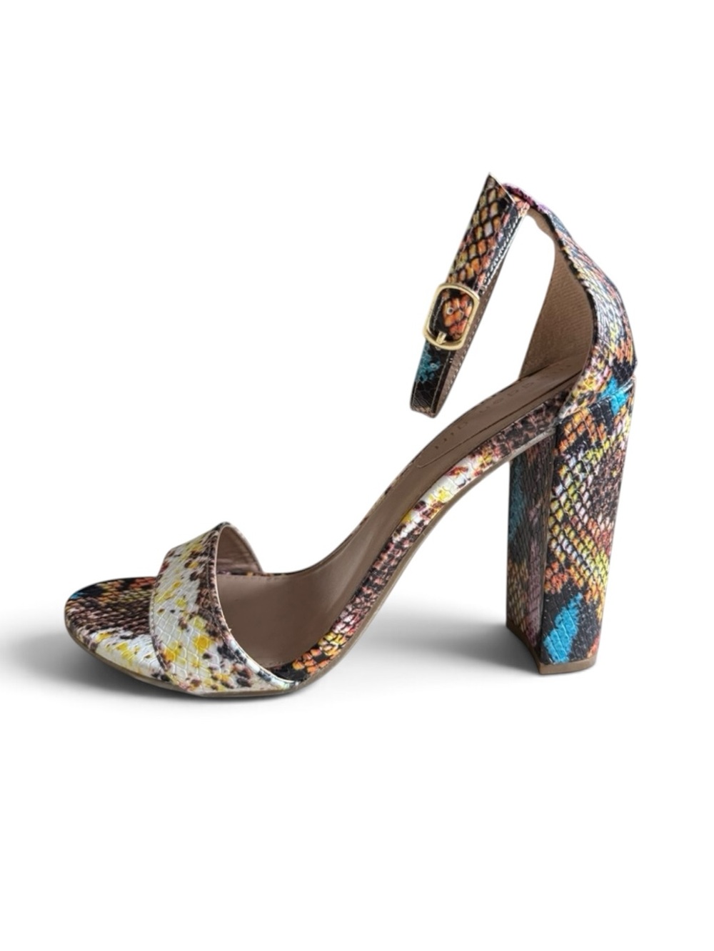 Madden Girl Snakeskin Block Heel Sandals Ankle Strap Dress Shoe Prom Multi 6.5